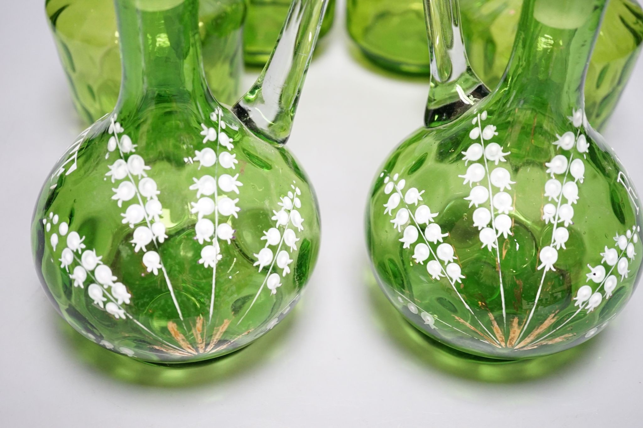 A group of six Victorian green glass decanters, including pair of Ramsgate souvenirs, 26cm